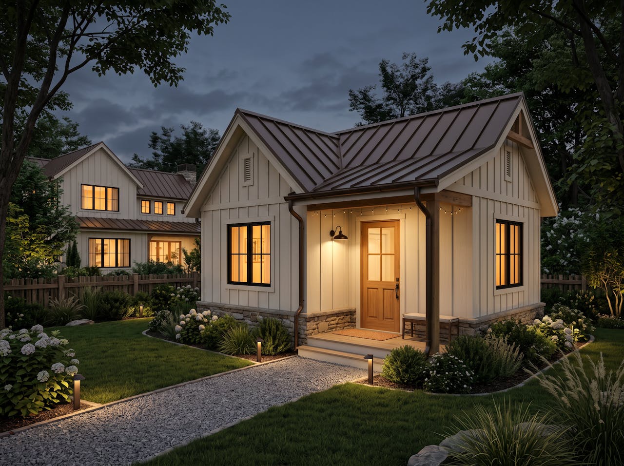 Concept render of a backyard ADU cottage matching the main home's architecture