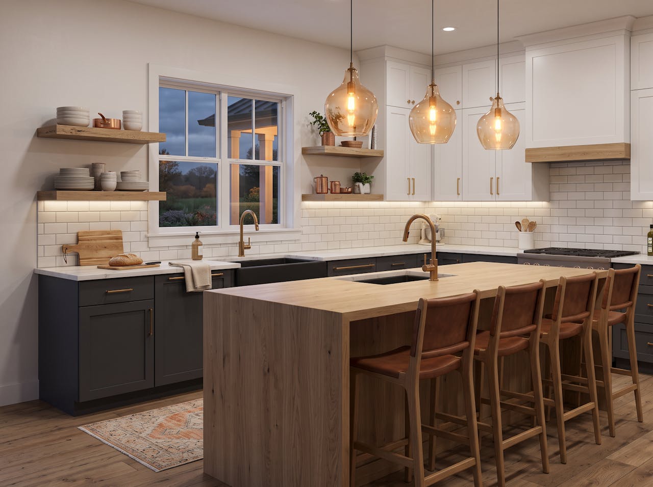 Concept render of a warm modern farmhouse kitchen with natural wood island and brass fixtures